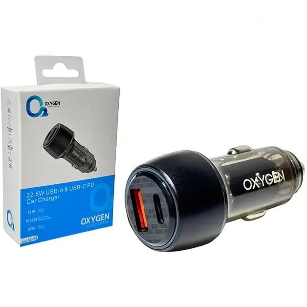 شارژر فندکی خودرو اکسیژن مدل AC08 با بدنه شیشه‌ای، توان ۲۲.۵ وات و دارای دو پورت و قابلیت شارژ سریع